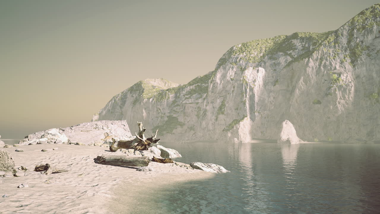 Serene beach landscape with cliffs and calm waters at sunset glow