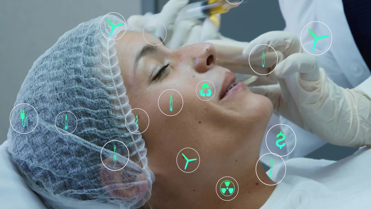 Esthetic nurse wiping skin with pad, injecting and massaging cheek filler for plumping