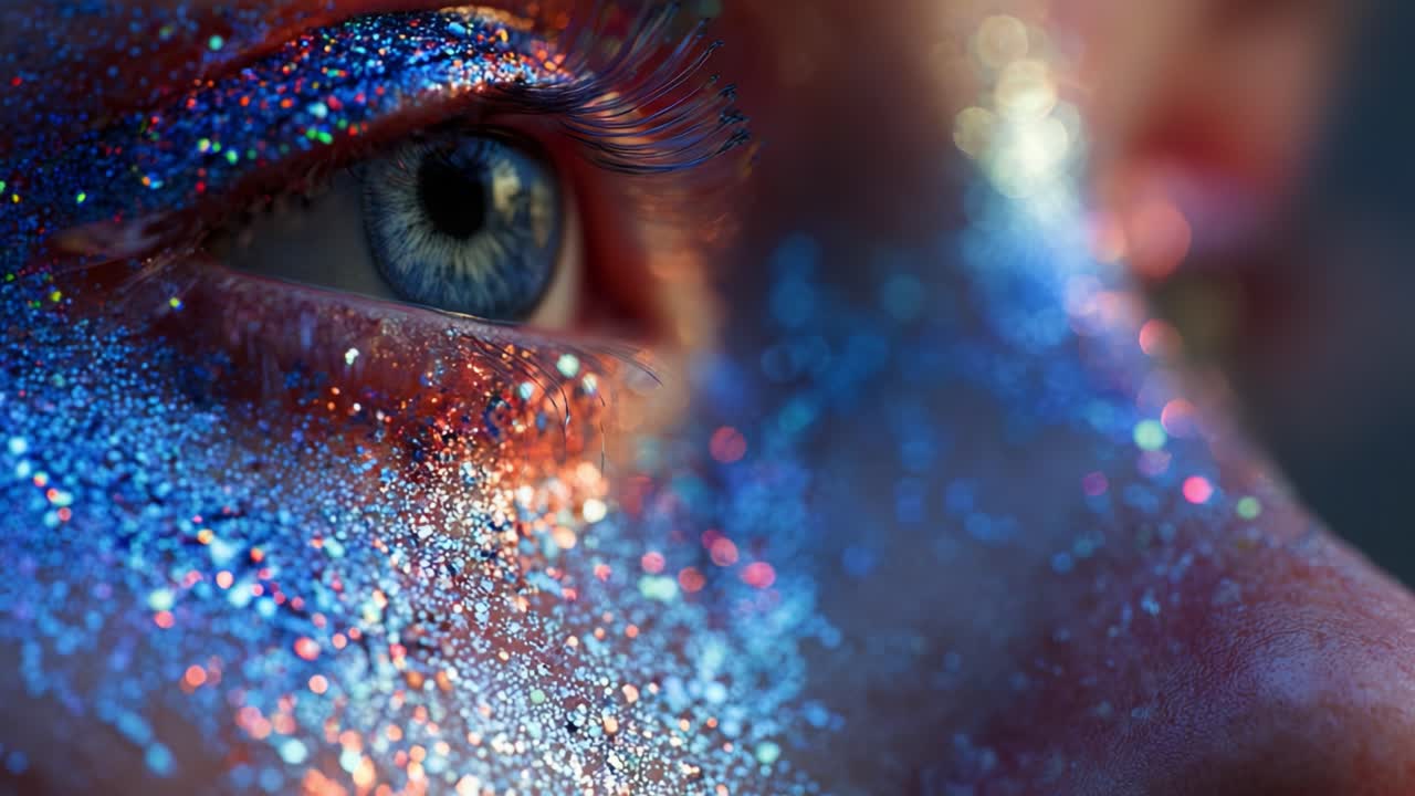A close-up view of a mesmerizing eye adorned with vibrant, sparkling glitter, capturing intricate details and reflecting light in a stunning display of color and creativity