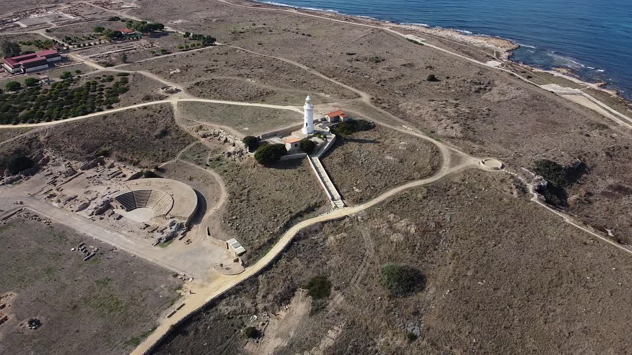 Wide aerial view of the ancient Odeom lighthouse in Paphos, Cyprus.
