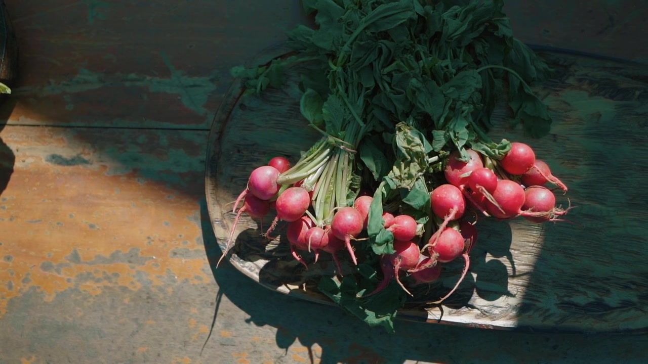 Bunch of vibrant red radishes with lush green leaves sits on a rustic wooden tray, bathed in natural sunlight, showcasing the beauty of farm-fresh produce
