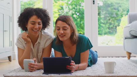 same sex female couple or friends at home relaxing in lounge with digital tablet and drinking coffee