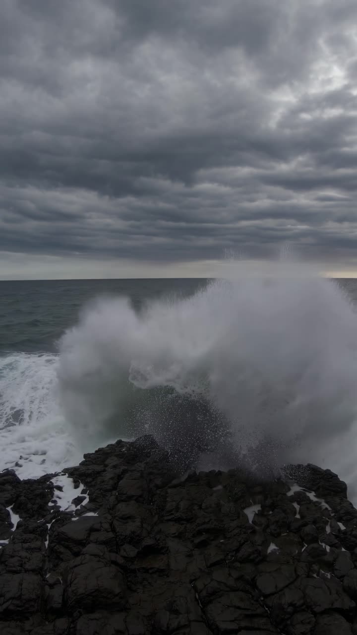 Dramatic seascape video with a low-angle view of turbulent waves under a moody, overcast sky