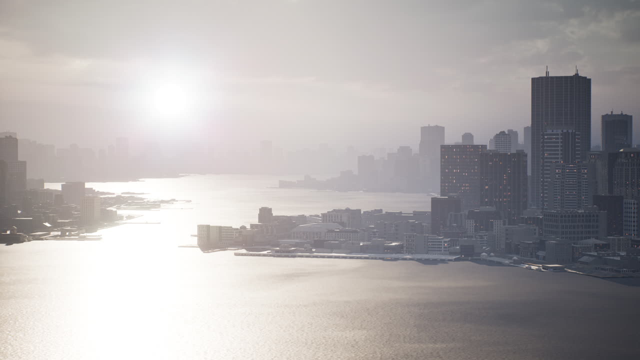 해가 지는 시점 에 초고층 건물 들 이 있는 스카이라인 공중 뷰