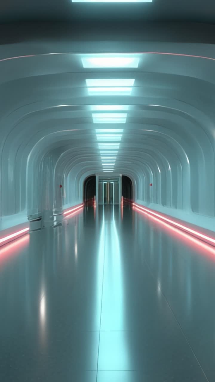 Corridoio futuristico con pareti bianche e lisce e luci rosa incandescenti crea un'atmosfera ipnotizzante, conducendo a una destinazione sconosciuta oltre le porte di vetro.