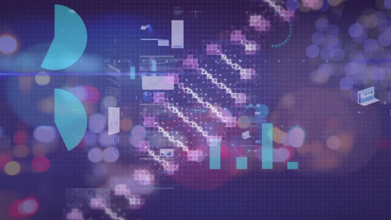 Animation of statistics and data processing over dna strand spinning and out of focus lights