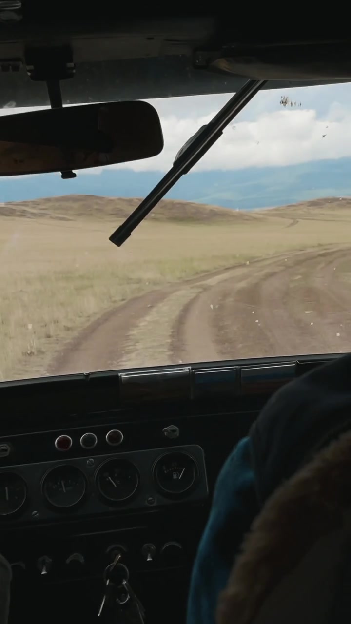 POV dall'interno di un veicolo fuoristrada che percorre una pista sterrata accidentata attraverso la steppa aperta e montagne distanti nella regione dell'Altai, Russia, concetto di viaggio e avventura