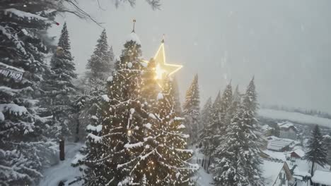 snow-covered christmas tree with lights and a star