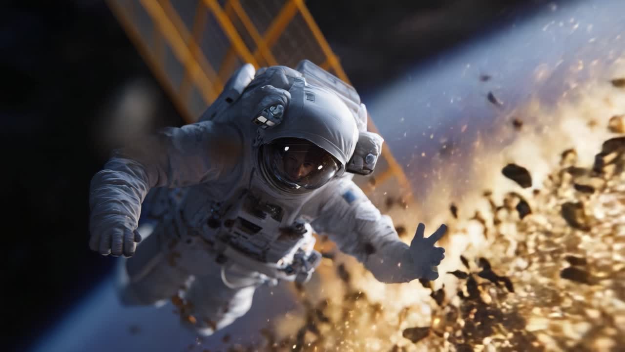 En astronaut navigerer gennem en fantastisk kosmisk eksplosion, omgivet af vragrester, der viser skønheden og faren ved rumudforskning og det ukendte uden for Jorden