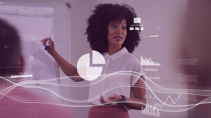 Animazione di elaborazione dati statistici su donna d'affari afroamericana in ufficio