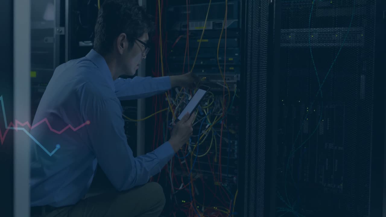 Animation of multiple graphs over caucasian male engineer checking server using smartphone