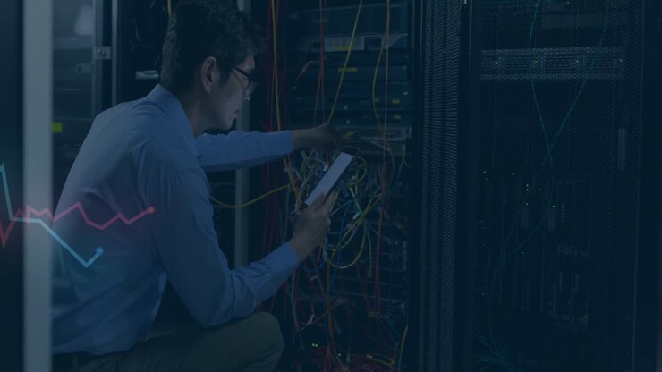 Animation of multiple graphs over caucasian male engineer checking server using smartphone