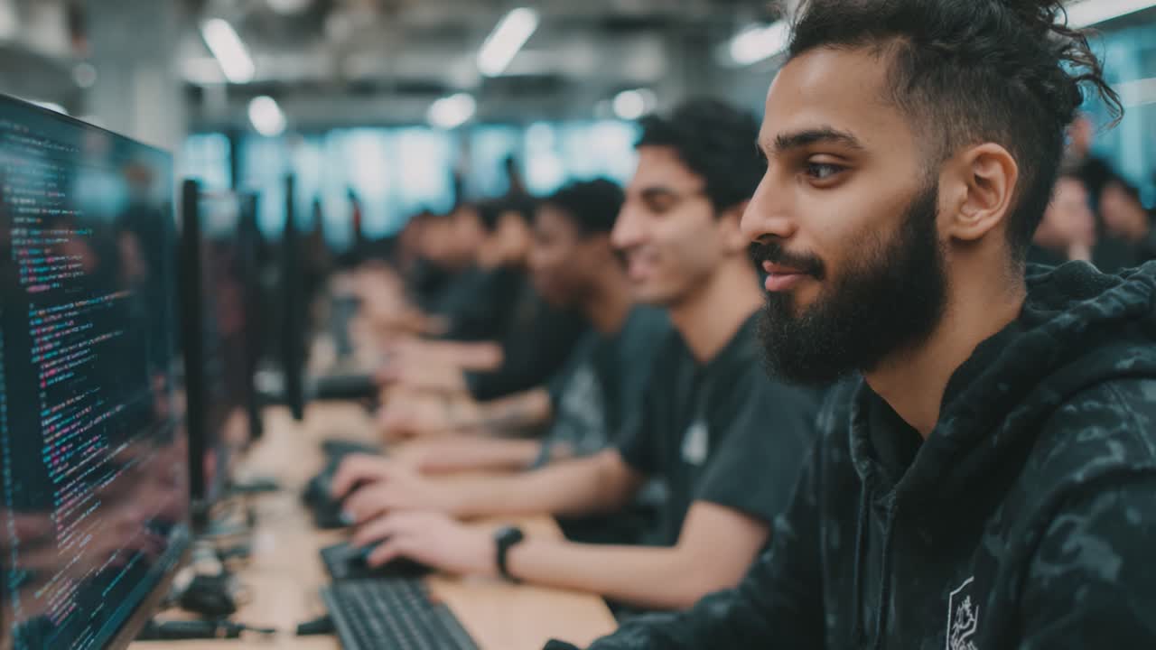Focused Coding Session Among Programmers in a Modern Tech Environment, Showcasing Collaboration and Concentration on Complex Software Development Tasks