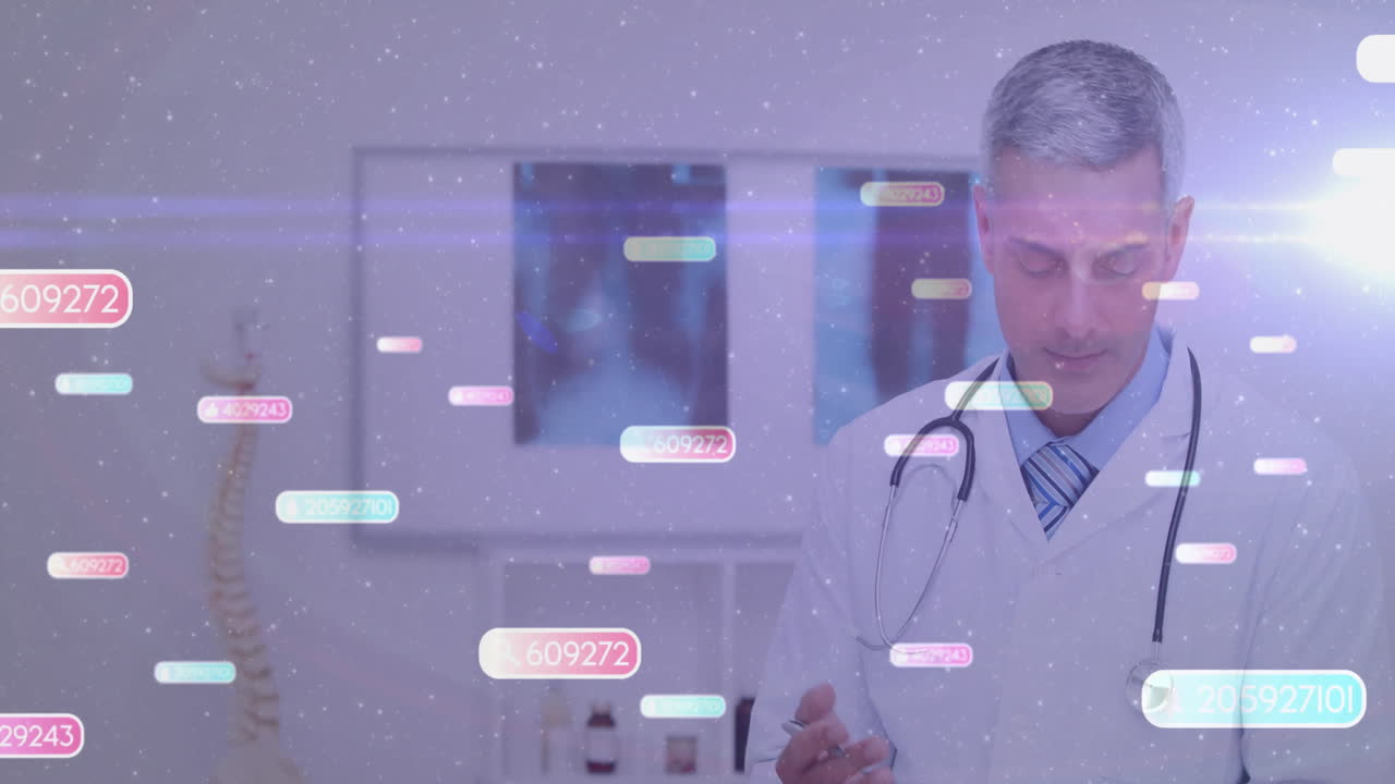 Male doctor reviewing patient data on tablet in clinic office, with floating health data overlays