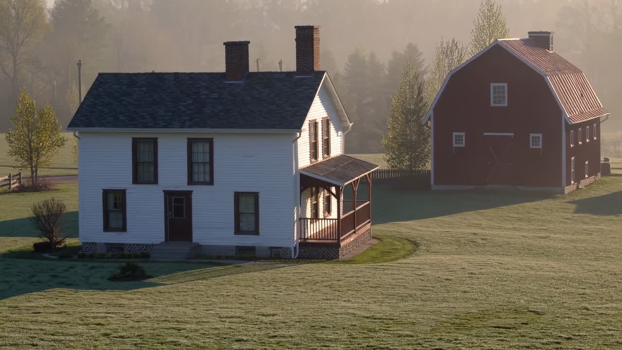 Sunlight pouring over a misty farm, illuminating a charming white house and a vibrant red barn set against a tranquil rural landscape, creating a serene morning atmosphere