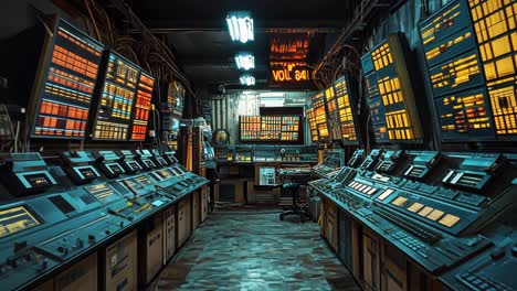 control room filled with vintage equipment and illuminated displays