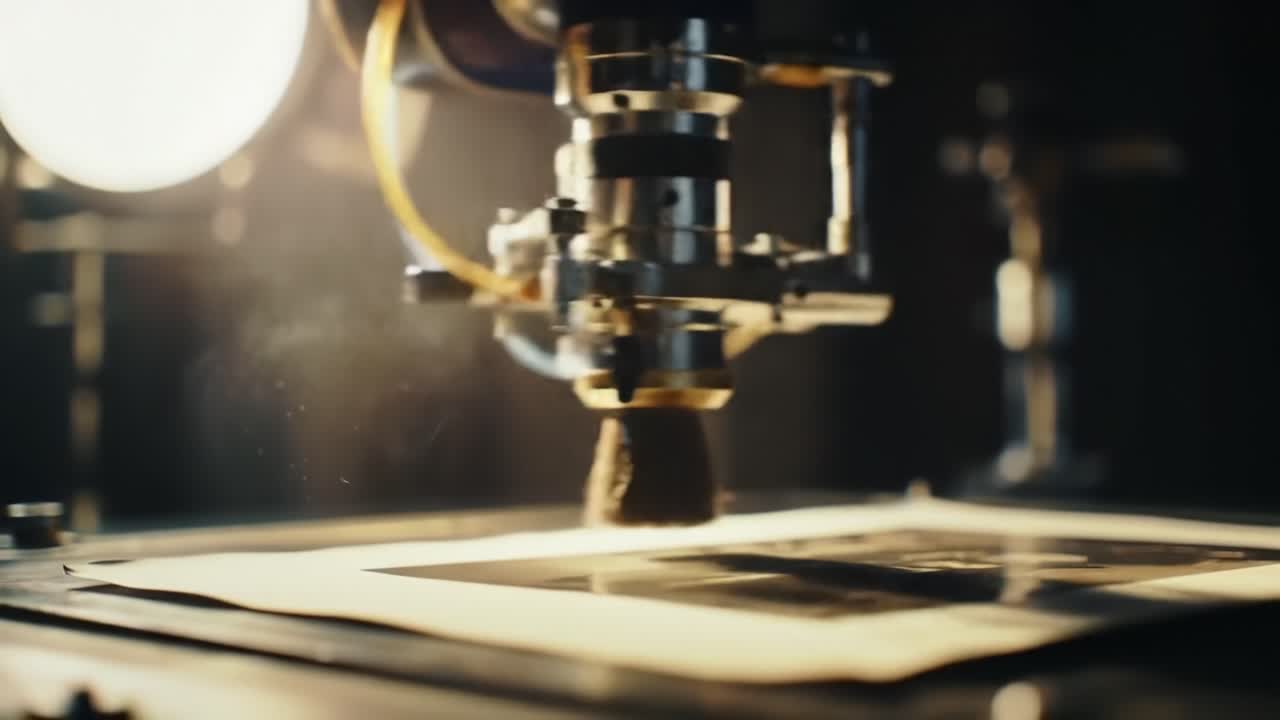 Precision Crafting in Motion: A Close-Up View of a High-Tech Laser Engraving Machine Applying Intricate Designs on Material Surfaces, Showcasing Modern Craftsmanship Techniques