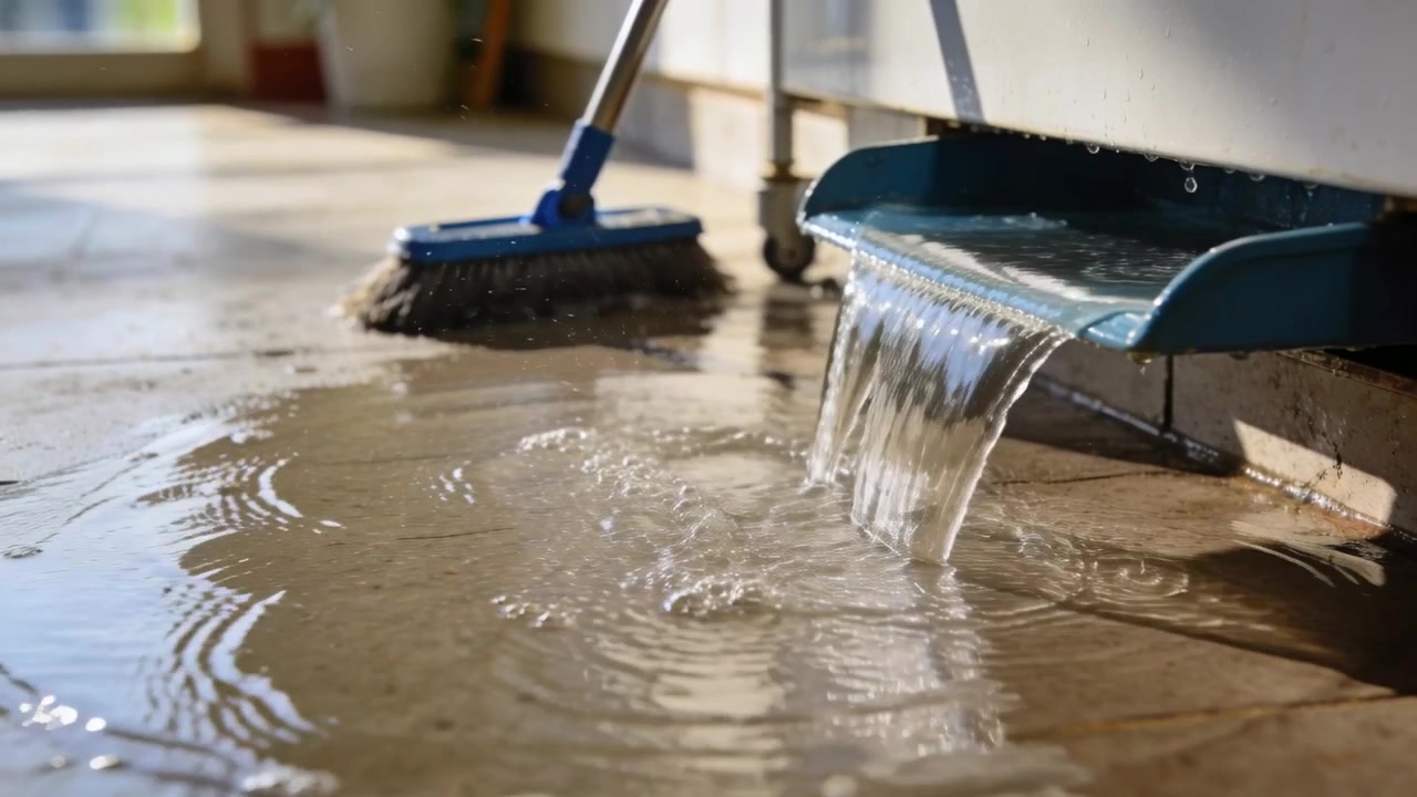 Tilting blue mop bucket, wringer spouting water onto kitchen floor to drain dirty water, mop nearby