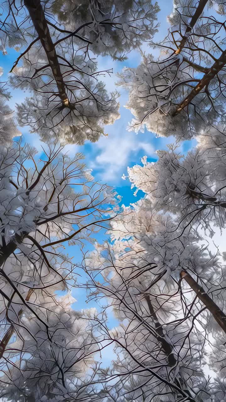 Video verticale: ripresa dal basso verso l'alto che mostra la chioma innevata di un pino rivelando il cielo blu e i tronchi nella foresta