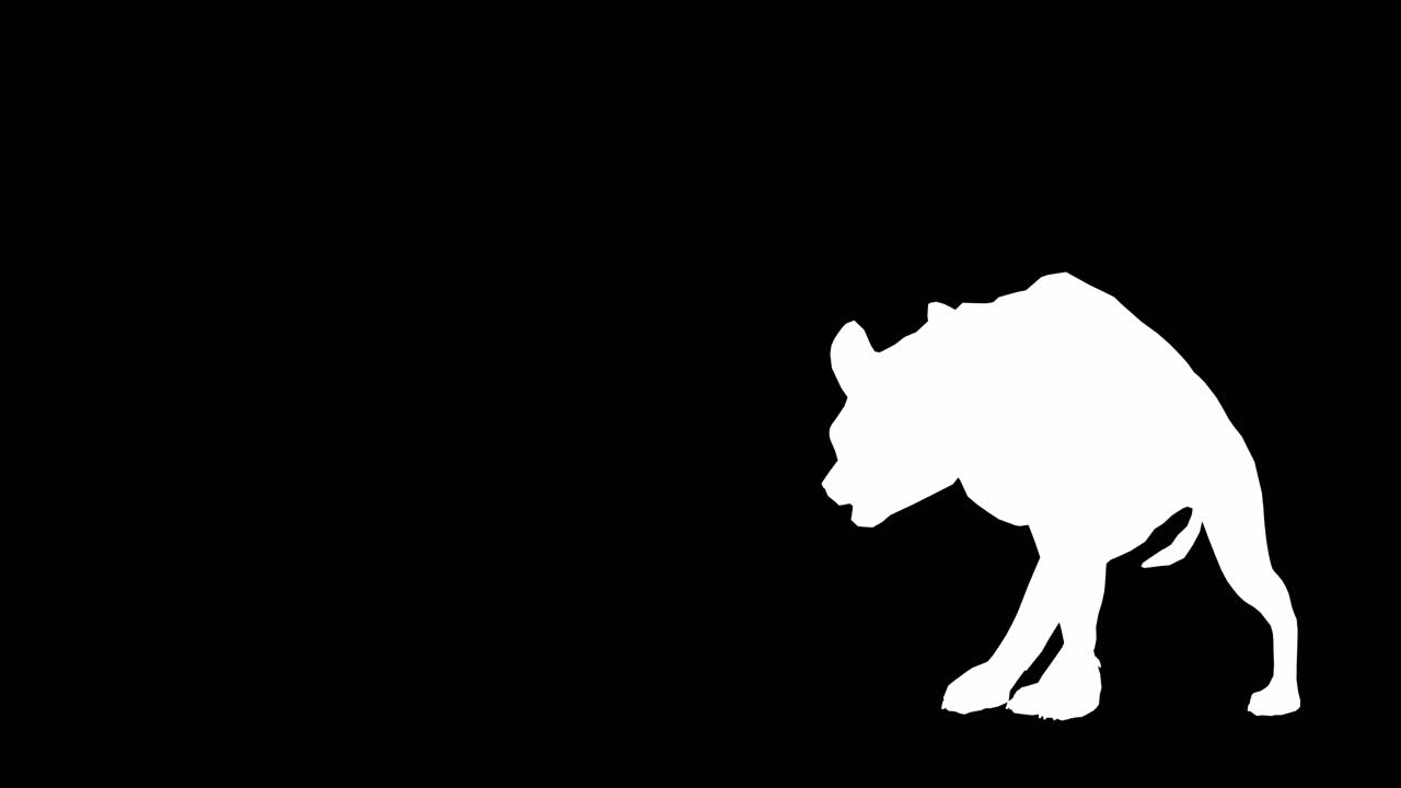 A hyena walking on black background with alpha channel included at the end of the video, 3D animation, perspective view, animated animals, seamless loop animation