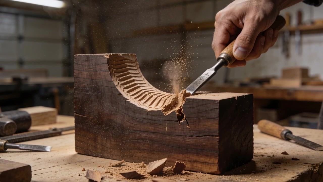 Bevel chisel contacting hardwood block, right hand pushing and carving curved channel at workbench