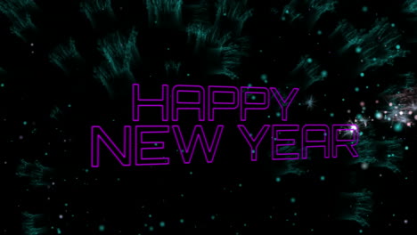 animation of happy new year text over green fireworks