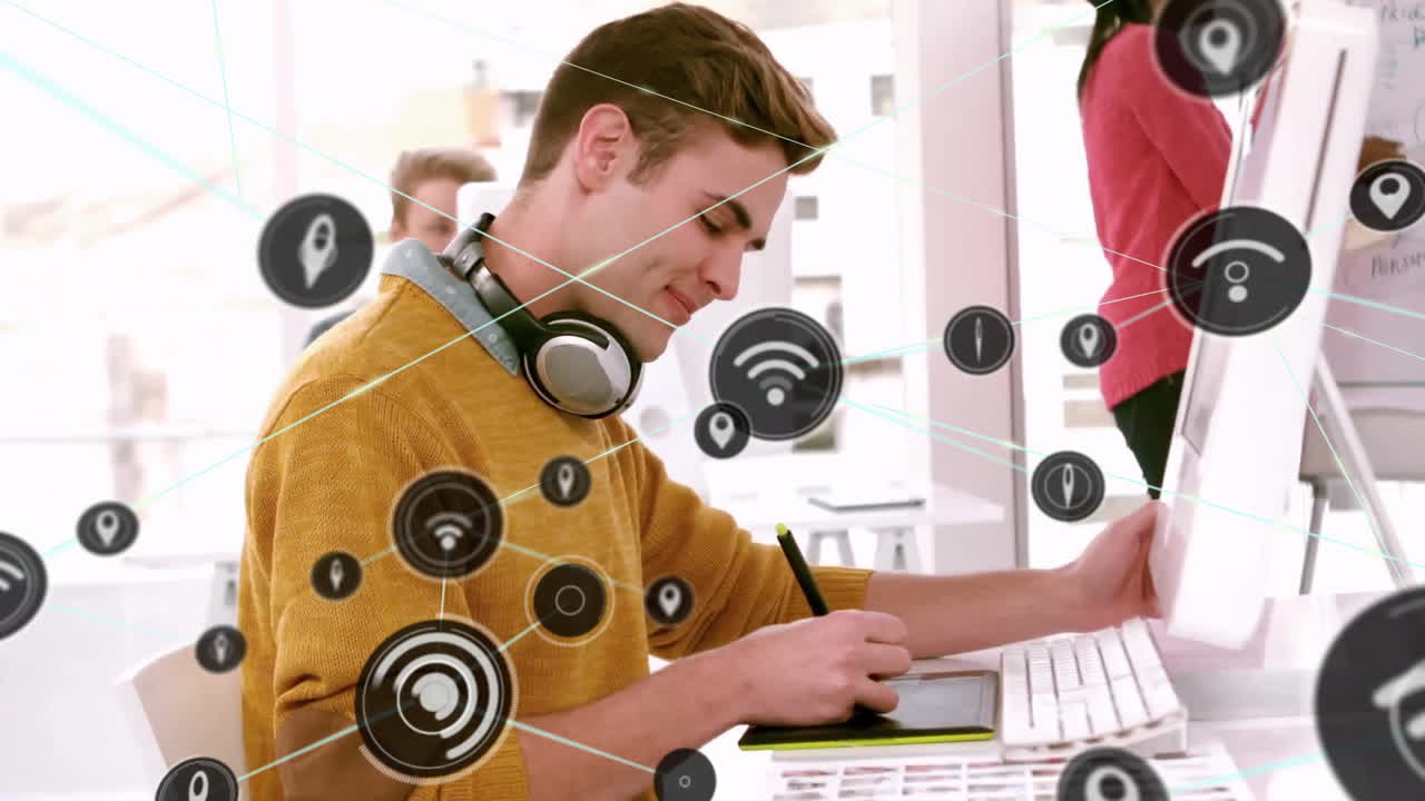 анимация сети соединений с иконами wifi над кавказским бизнесменом в офисе