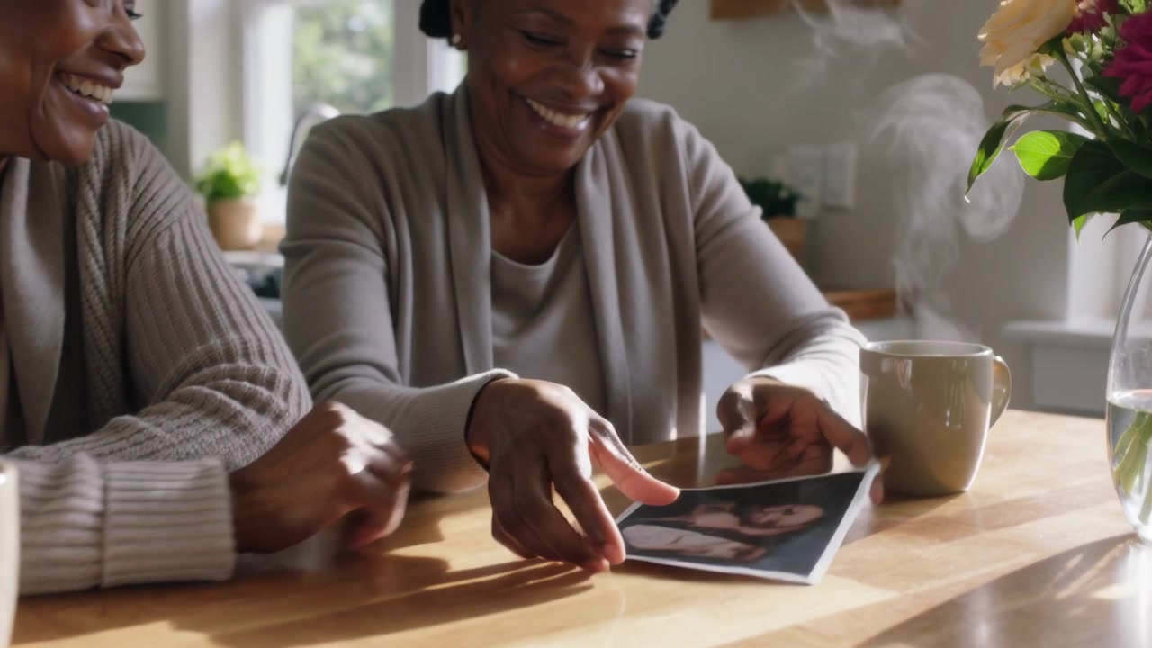 Due anziani in cardigan osservano una stampa per rievocare ricordi al tavolo della cucina con tazze fumanti.