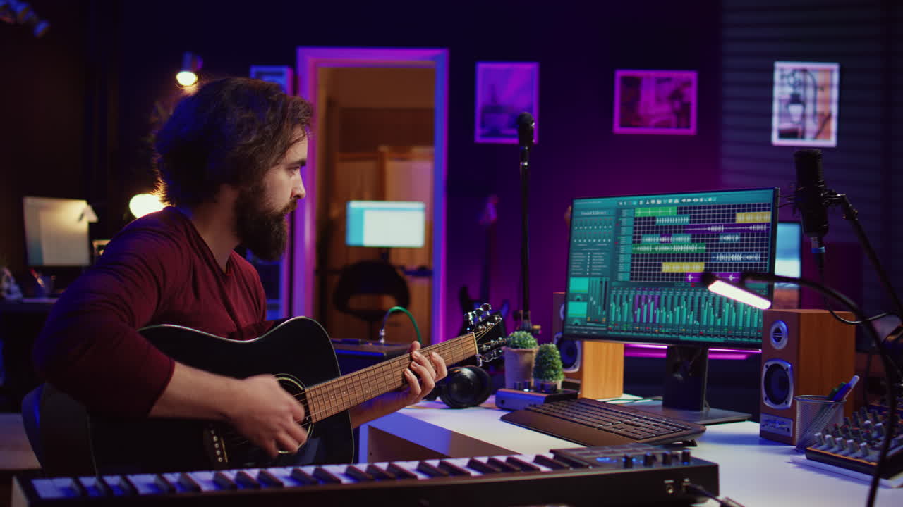 productor de música mezclando sonidos de guitarra tocados por él en un instrumento acústico