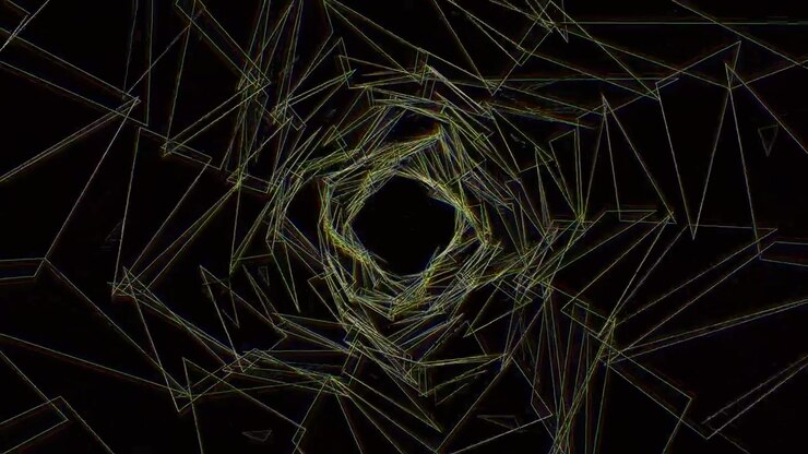A swirling pattern of thin, geometric lines forming a tunnel effect against a black background. The lines are vibrant and colorful, creating depth and movement