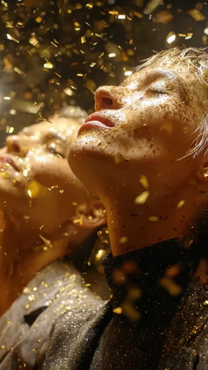 Un momento accattivante di celebrazione e splendore: due donne si abbracciano nella gioia sotto una pioggia di scintille dorate e glitter, emanando eleganza e beata serenità.
