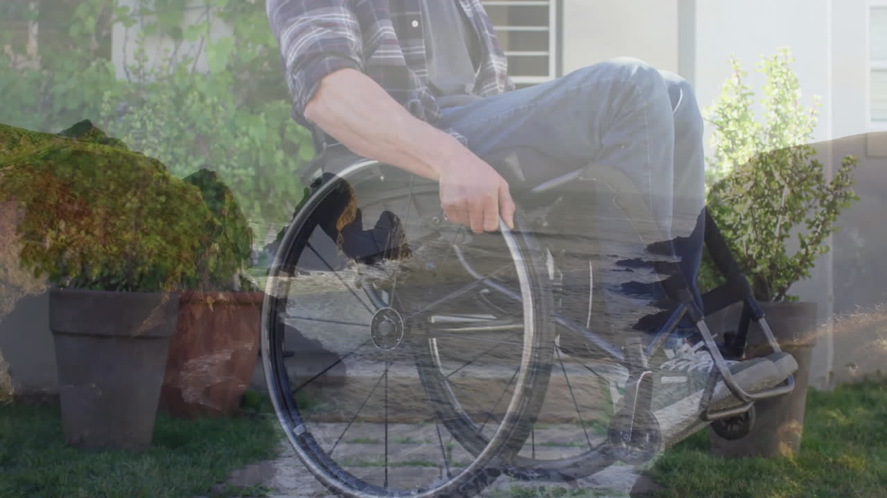 Creating serene atmosphere, person in wheelchair with nature animation overlay outdoors