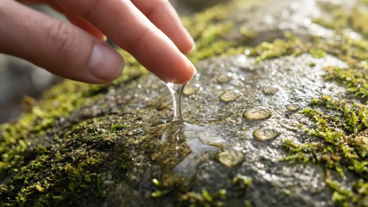Finger Gently Touching Water Droplet on Mossy Surface