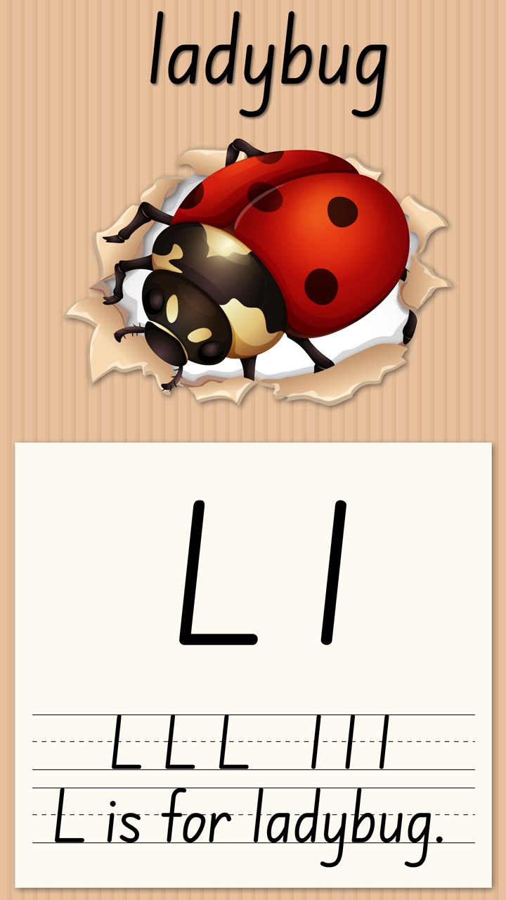 Animated educational video demonstrates writing the letter L using a ladybug illustration and text