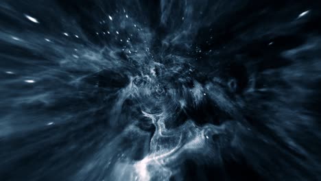 abstract flight into dark blue hyperspace tunnel animation. 4k 3d loop sci-fi traveling in an abstract hyperspace vortex tunnel.  space travel warp speed through space and time. fly in storm cloud.