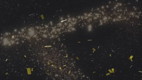 Confetti-falling-over-glowing-light-trail-moving-on-black-background