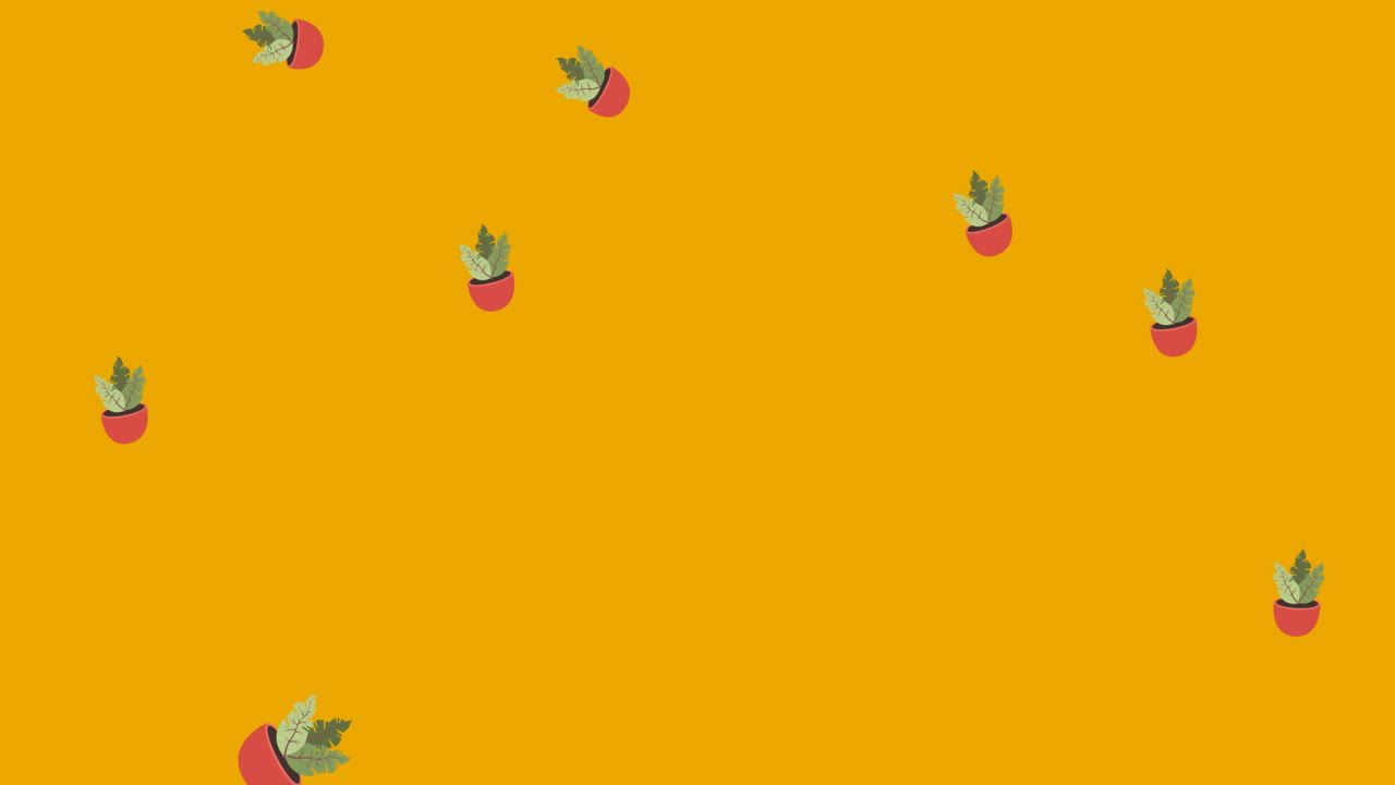 animación de la ilustración de plantas de interior en macetas rosadas que caen sobre un fondo amarillo