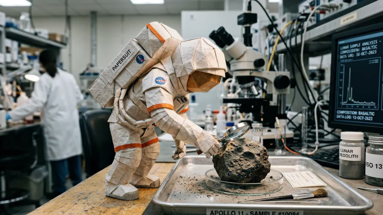 Astronauta di carta che ispeziona un campione lunare in un laboratorio scientifico