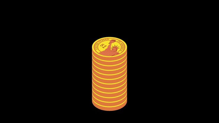 Stacks of gold coins. Isometric loop animation in alpha channel. 4K resolution.