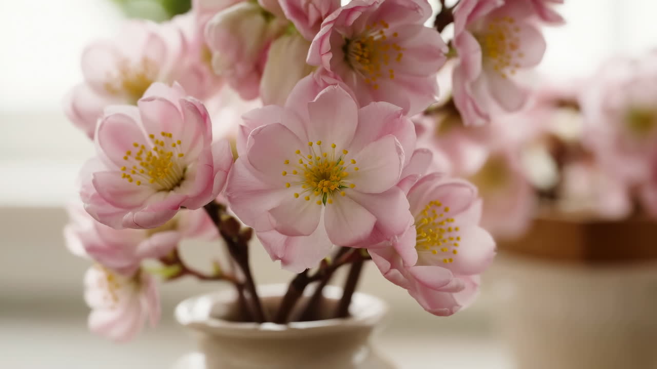 Fiori di ciliegio rosa in vaso di ceramica baciati da luce solare soffusa e bokeh pastello, primo piano intimo che mostra.
