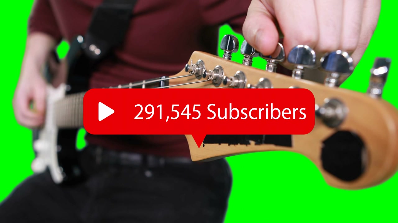 Yeşil zeminde gitarının burgularını akort eden müzisyen, ortada beliren ve artan abone sayısıyla güncellenen bir katman.