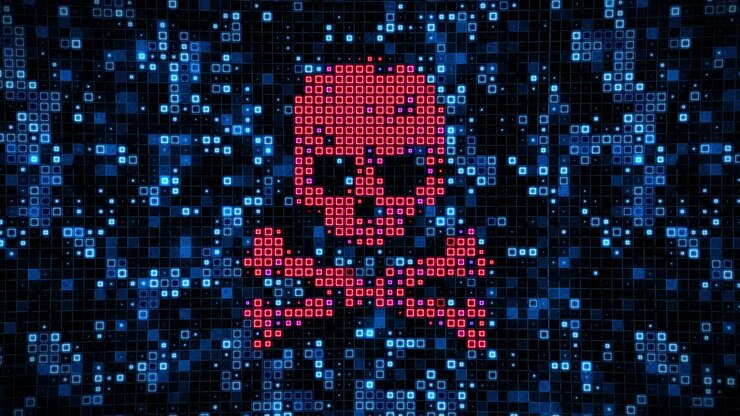 Binary computer data having a computer virus, software piracy, or internet hacking with pirate skull and crossbones concept