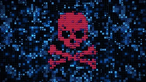 datos informáticos binarios que contienen un virus informático, piratería de software o piratería en internet con el concepto de cráneo y huesos cruzados de pirata