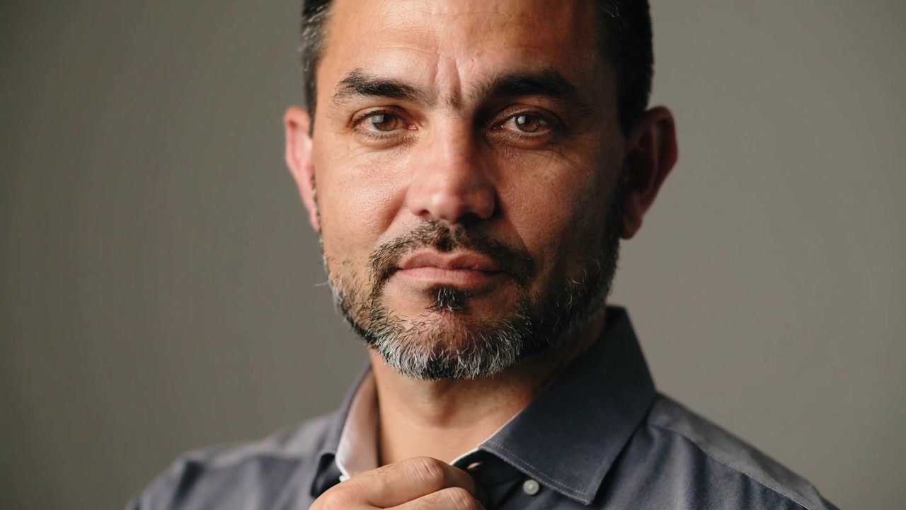 Uomo che si sistema il colletto, alzando la mano destra, in studio dopo l'avvio della telecamera, mostrando il bottone superiore.