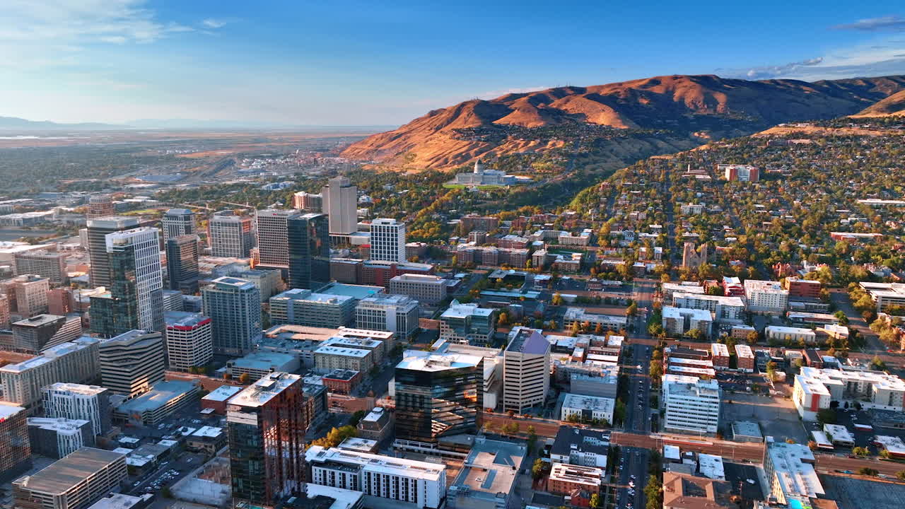 Salt Lake Sity USA, 14 August 2025: Sunset view of Salt Lake City, Utah, USA. Capitol building on the mountain slope at backdrop. Aerial view