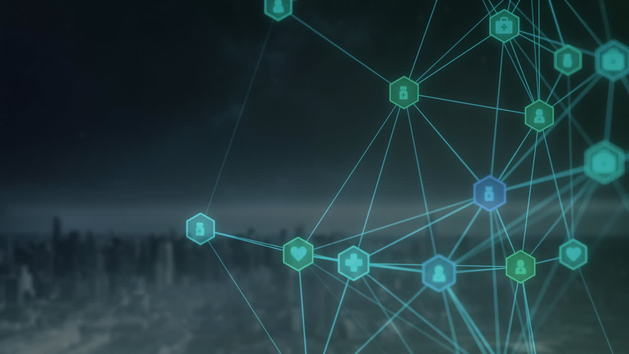 globo de iconos digitales contra el paisaje urbano