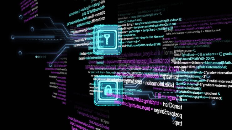 Animation of padlock and key icons and data processing over black background