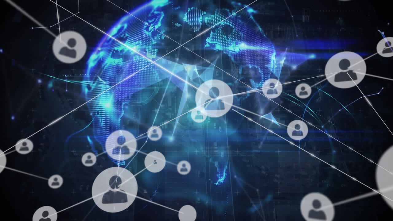 animación de la red de iconos de perfil y el globo de redes de plexo girando contra un fondo negro