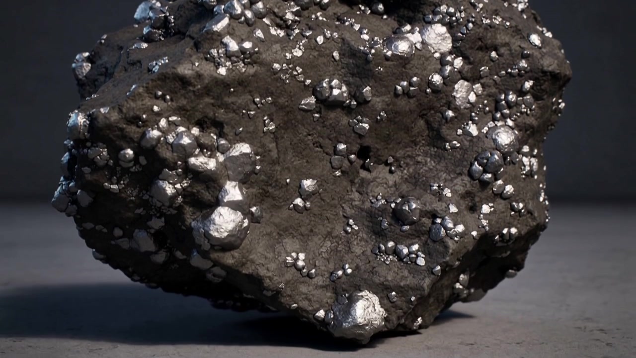 Telecamera che panoramica rivelando una roccia scura costellata di noduli d'argento su un tavolo grigio che mostra la texture