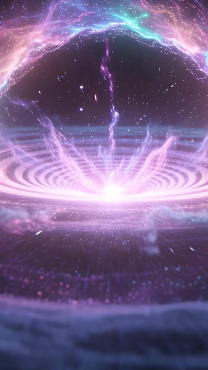 Video verticale: Strisce cadenti che colpiscono anelli nello spazio, con un nucleo che pulsa e si collega all'aurora.